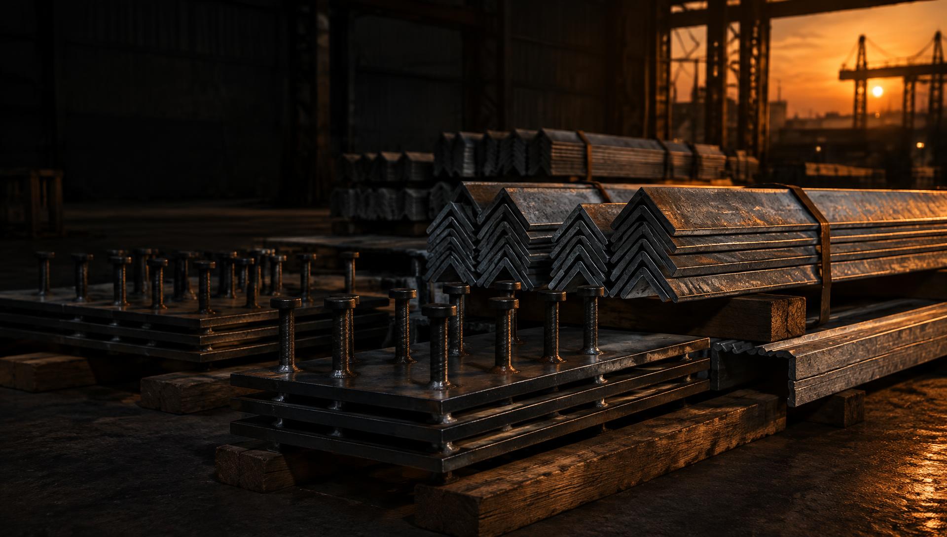 Steel embed plates and galvanized angles stacked in a supply yard